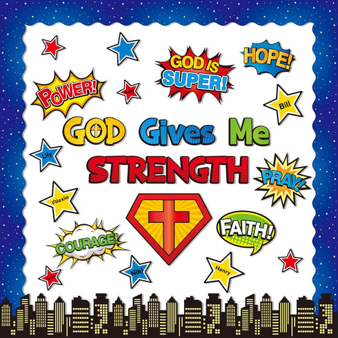 Hero Christian Bulletin Board - 87Pcs Back to School Bible Verse God Gives Me Strength Classroom Decoration, Hero Theme Stars Cutouts Buildings Bo...