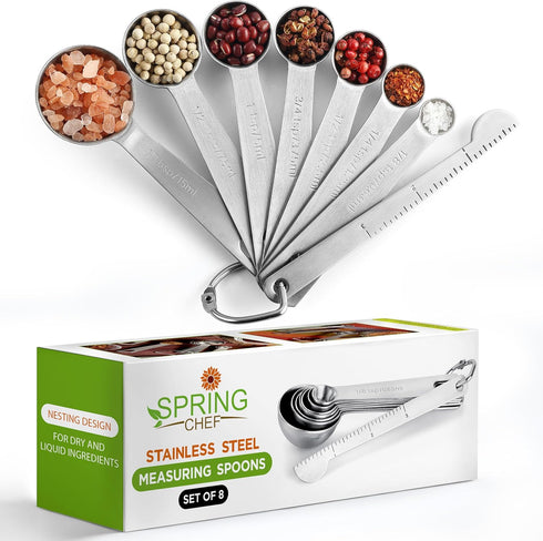 Spring Chef Stainless Steel Measuring Spoons Set of 8 with Leveler, Round Metal Teaspoon & Tablespoon Measuring Spoons - Nesting Kitchen Gadgets F...