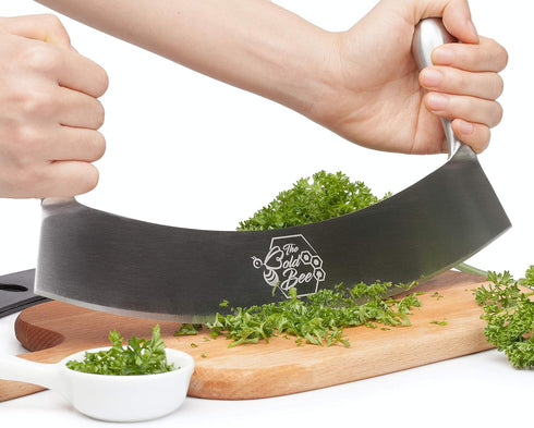 12" Stainless Steel Mezzaluna Knife & Cover + FREE Stainless Steel Soap Odor Remover | Pizza Cutter | Fruit, Vegetable & Salad Chopper & Dicer | H...