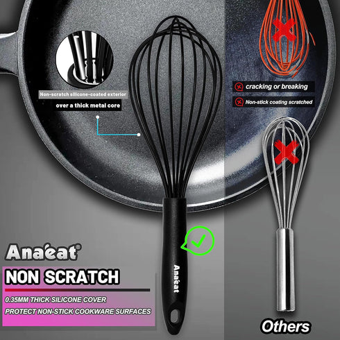 Anaeat Silicone Kitchen Whisk Set of 4, Perfect for Non-Stick Cookware, Egg Beater Milk Blender for Whisking, Cooking, Baking, Beating - 11'' Flat...