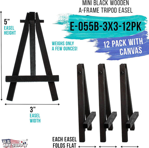 U.S. Art Supply 3" x 3" Stretched Canvas with 5" Mini Black Wood Display Easel Kit (Pack of 12), Artist Tripod Tabletop Holder Stand - Painting Pa...