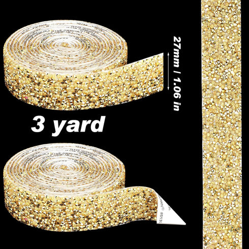 3 Yards Self Rhinestone Ribbon Crystal Rhinestones Stickers Bling Tape Wedding Ribbon Rhinestones for Crafts Car Wrap Phone Mirror Decor (Gold)...