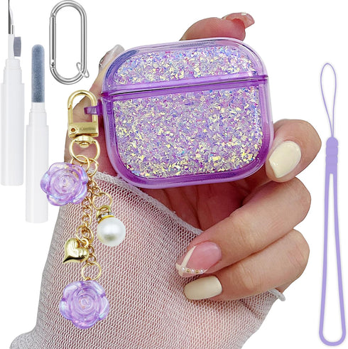 Purple Silver foil Glitter for AirPods 3 Case 3st Generation Cover Clear 2021, Cute Flower Pendant, Cleaning Pen Kit, Soft TPU Silicone Protective...
