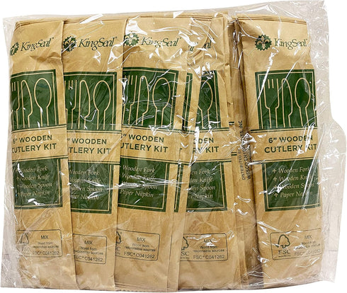 KingSeal FSC Certified Disposable Wood Cutlery Kits, Bulk Pack, Sustainably Sourced - Spoon, Fork, Knife with Bleach-Free Napkin - 1 Bag of 25 Set...