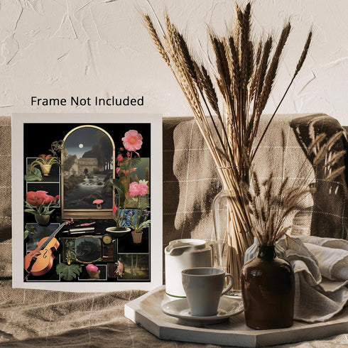 Posterizer 1 pcs-old timey vintage flowers , music instruments collage-Retro Art-Abstract & Modern Art-Gift for Steampunk or Goth Fans- UNFRAMED W...