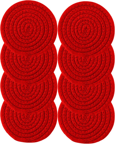 8PCS Cotton Round Woven Coasters Drink - Red Handmade Braided Cup Coasters Absorbent Woven Circles Hot Pads Mats for Drink Home Kitchen Heat-Resis...