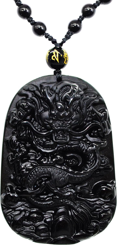Natural Black Elegant Obsidian Carved Dragon Chakra Pendant Necklace Beads Chain for Lucky (gift box include)...
