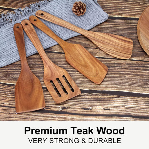 Best Wooden Spatula for Cooking Non Stick Kitchen Utensils Teak Wood Spatula Set of 4 Flat Slotted Turner Spatula for Baking Mixing Scraping Fish ...