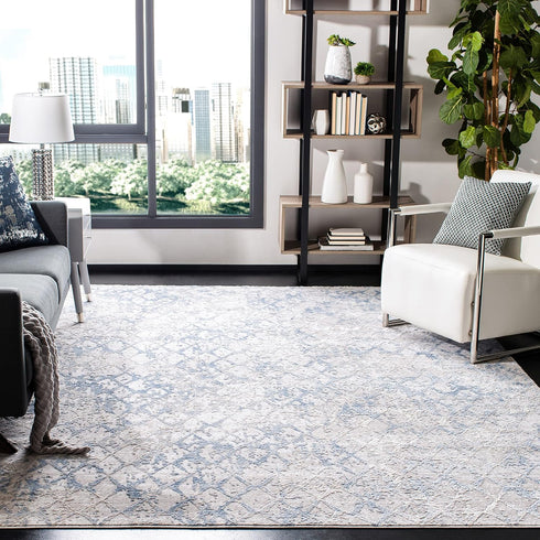 SAFAVIEH Amelia Collection Area Rug - 3' Square, Light Grey & Blue, Modern Trellis Distressed Design, Non-Shedding & Easy Care, Ideal for High Tra...