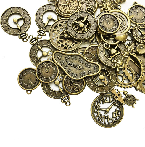 Gnognauq 100 Gram Clock Face Charm Pendant Multistyle Gears Steampunk Pendant for DIY Necklace Bracelet Jewelry Making and Crafting(Antique Bronze...