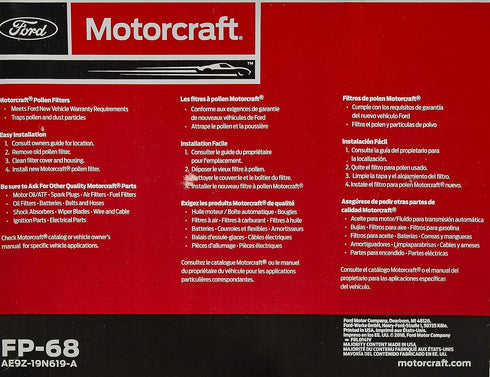 Motorcraft FP-68 Cabin Air Filter, Original Version, 1 Count (Pack of 1)...