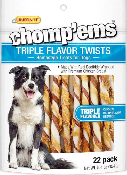 Westminster Pet Products Ruffin' It Chomp'Ems Triple Flavor Twist Chicken Bacon & Beefhide Snack, 5.4 Oz...