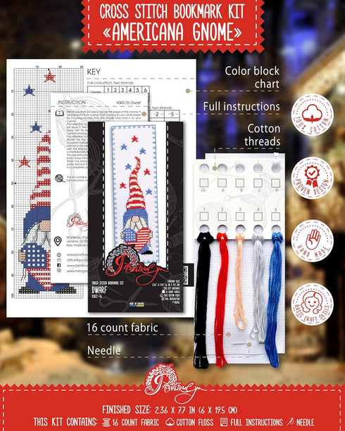 Povitrulya Counted Cross Stitch Bookmark Kit for Adults 'American Gnome' - DIY Embroidery Gift for Veterans day...