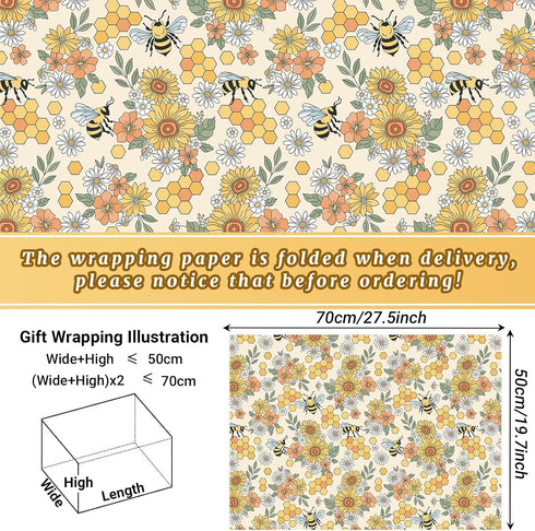Bolsome 12 Sheets 28 * 20 Inches Bee Wrapping Paper Honeycomb Sunflower Honeybee Patterned Gift Wrap Paper for Baby Shower Spring Holiday Birthday...