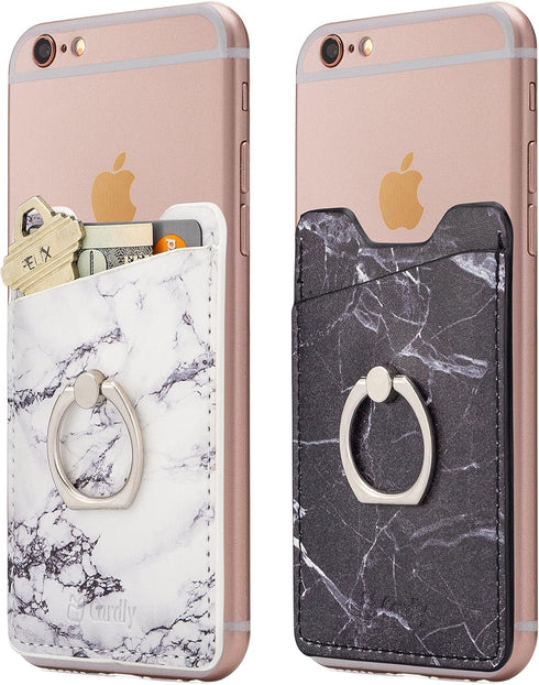 (Two Finger Ring and Cell Phone Stick on Wallet Card Holder Phone Pocket for iPhone, Android and All Smartphones. (White & Black)...