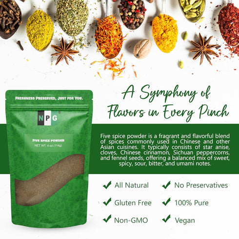 NPG Authentic Chinese Five Spice Powder 4 Ounces, Gluten Free, All Natural Ground Chinese 5 Spice Powder, No Preservatives No MSG, Mixed Spice Sea...