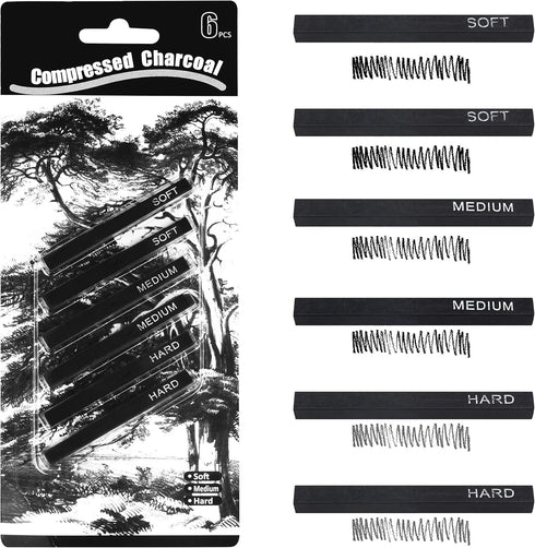 MyLifeUNIT Compressed Charcoal, Square Vine Charcoal Sticks for Drawing, Pack of 6 (2 Soft, 2 Medium and 2 Hard)...