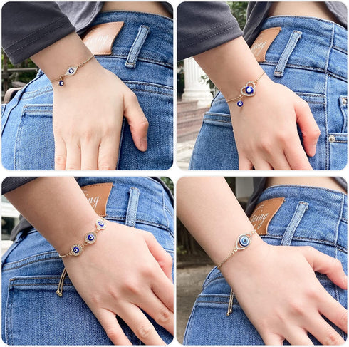4 Pack Evil Eye Bracelets Pack for Women 14K Gold Plated Blue Evil Eye String Protection Bracelet Aesthetic Jewelry...