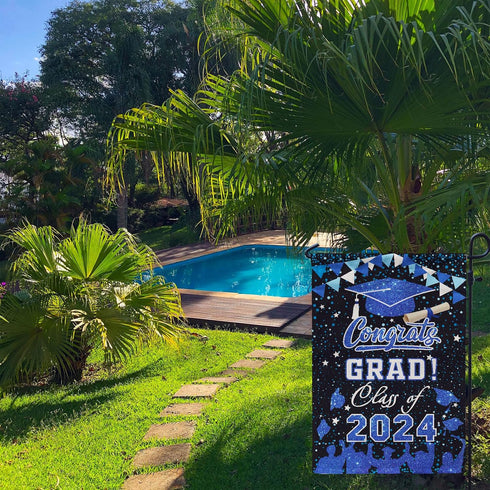 PAMBO Graduation Garden Flag Class of 2024, Blue Congrats Grade Flag for Outside Hanging Decors 12x18 Inch Burlap...