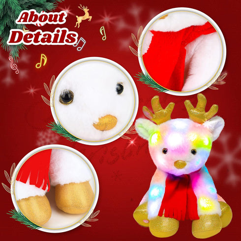 Cuteoy White Reindeer LED Musical Stuffed Animal Light-up Singing Plush Elf Adjustable Volume Lullaby Plushies Birthday Christmas Toy Gifts for Ki...