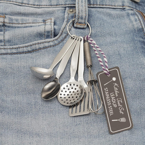 Mini Stainless Steel Kitchen Tool Set with Keychain(3.5"),Set of 5,Includes Whisk, Spatula, Spoon, Skimmer,Soup ladle...