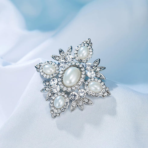EVER FAITH Austrian Crystal Oval Simulated Pearl Wedding Chunky Flower Brooch Clear Silver-Tone...