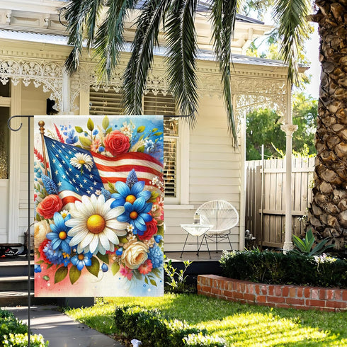 Patriotic Floral Garden Flag Double Sided, Red White and Blue Burlap Yard Flag, Small 4th of July Outdoor Decor 12.5x18"...
