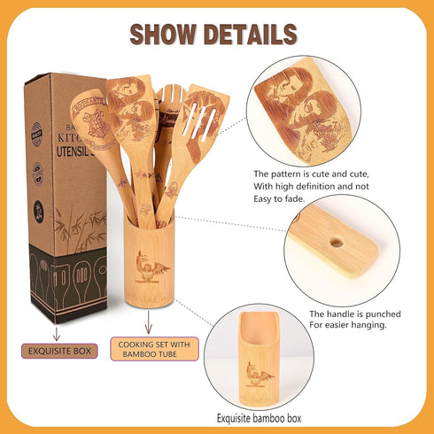 Wooden Spoons for Cooking Sets of 7 Pieces, Magical Bamboo Cooking Kitchen Utensils Kitchen Accessories Set Engraved Patterns Magic Cooking Spoons...