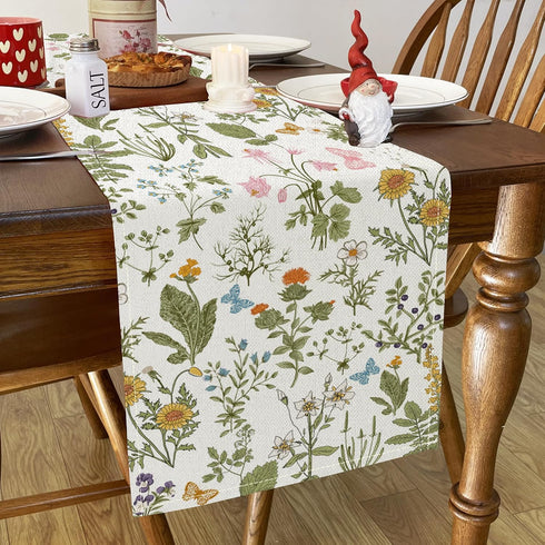 Floral Wildflowers Table Runner, Spring Butterfly Herbs Farmhouse Holiday Home Kitchen Dining Table Decoration, 13 x 72 Inch...