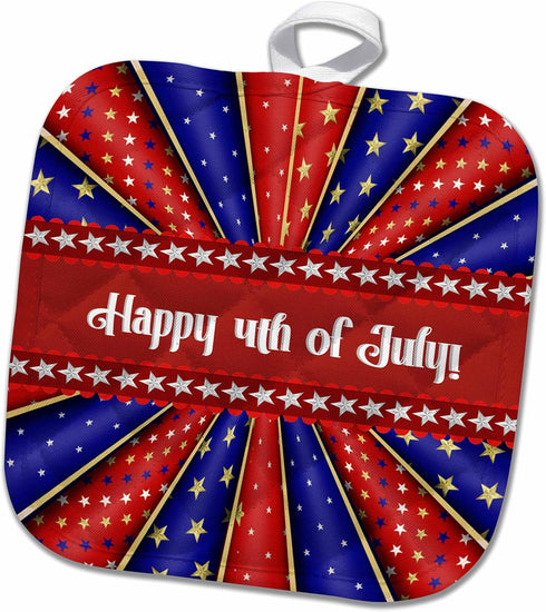 3D Rose Kaleidoscope of Stars and Stripes Happy 4Th of July Red Blue White Pot Holder, 8 x 8...