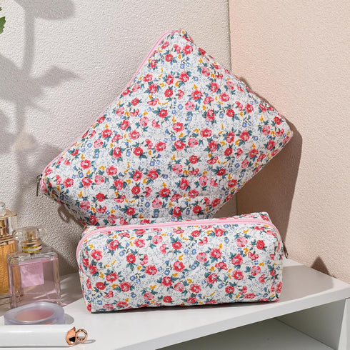2 Pcs Quilted Makeup Bag Floral Cosmetic Bag Cotton Large Travel Coquette Toiletry Puffer Bag Aesthetic Cute Glossier Makeup Bag for Women Girls...