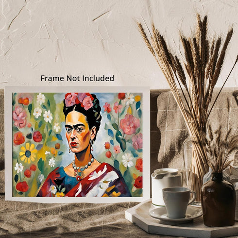 Posterizer 1 pcs- Frida Kahlo inspied art with floral background-Famous Figures Art Collection-Abstract & Modern Art- Living Room Bedroom Decor- u...