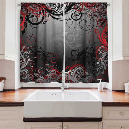Ambesonne Abstract Kitchen Curtains, Mystic Forest Floral Swirls Leaves Nature Fading Ombre Effect, Window Drapes 2 Panel Set for Kitchen Cafe Dec...