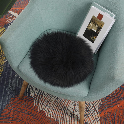 Sibba Faux Fur Fuzzy Area Rug Chair Pad Protectors 30 cm Black Small Round Cover Pillow Cushion Carpet Mat Desk Sofa Seat Couch for Living Room Ki...