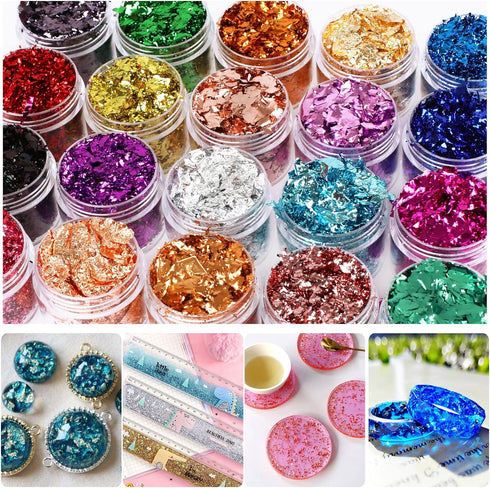 Gold Foil Flakes, 20 Bottles Gilding Flakes Set, Metallic Foil Flakes, Imitation Gold Foil Flakes with Tweezers for Resin, Nail Art, Painting, Sli...