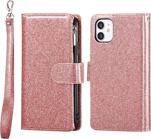 UEEBAI Wallet Case for iPhone 11, PU Leather Wallet Magnetic Closure Handbag Zipper Pocket Kickstand Card Slots with Hand Strap Glitter Flip Case ...