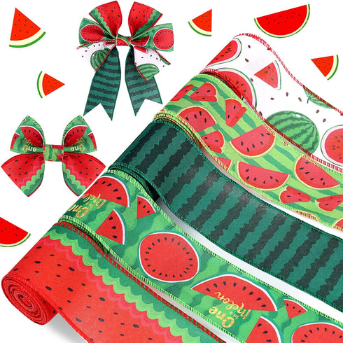 25 Yard Watermelon Wired Edge Ribbons, 5 Rolls Watermelon Print Summer Ribbons Watermelon Slices Plaid Ribbon Stripe Craft Ribbon for Gift Wrappin...