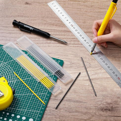 Hiboom 2 Pack Solid Carpenter Pencil with 14 Refill, Long Nosed Deep Hole Mechanical Pencil Marker with Built-in Sharpener for Carpenter Woodworki...