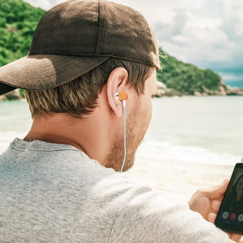 Earth-Budz - Genuine Wood Earbuds, in-Ear Noise-Isolating Headphones, with in-line Microphone. (Blue Skies)...