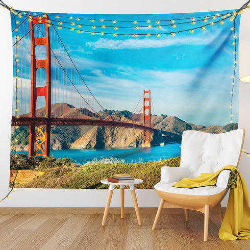 Ambesonne Landscape Tapestry, Golden Gate San Francisco Sunny Summer Day Ocean Stones Touristic, Wide Wall Hanging for Bedroom Living Room Dorm, 6...