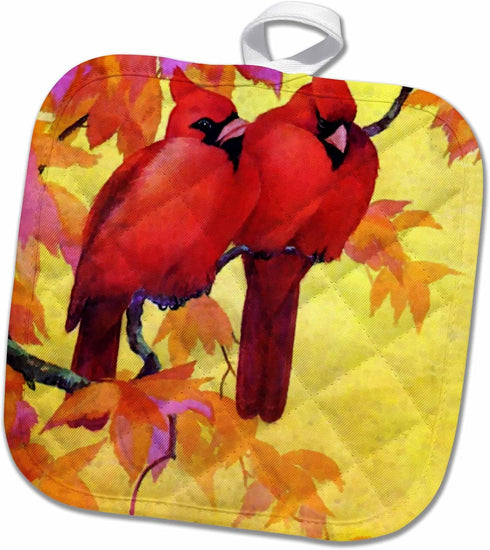 3D Rose Red Cardinals and Gold Autumn Leaves Pot Holder, 8 x 8...