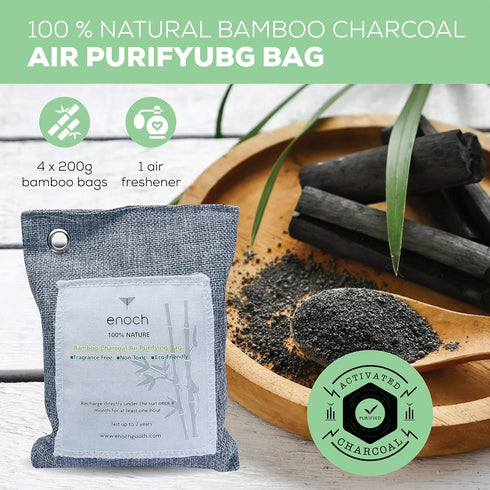 Enoch Bamboo Charcoal Air Purifying Bags (4 Packs) Activated Odor Moisture Absorber, Natural Air Freshener. Air Deodorizer Dehumidifier Bags for H...