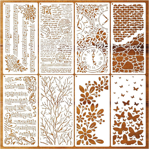 8 Pieces Stencils for Crafts Reusable Branches Musical Notes Stencil Floral Texture Background Layering Drawing Templates Stencils for Painting on...