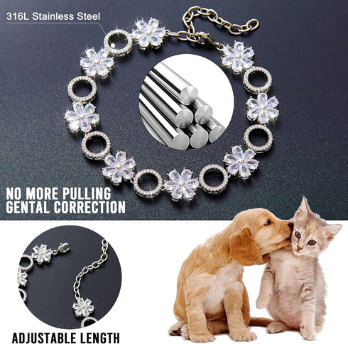 Dog Chain Collar Cubic Zironia Bling Collar for Puppy Kitty Gold Adjustable Cat Collar with Iced Out Crystal Stones Sun Flower (Silver, 10")...