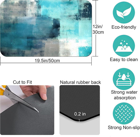 Coffee Bar Mat Accessories for Countertop Turquoise Abstract Art Absorbent Hide Stain Rubber Backed Dish Drying Mats for Kitchen Counter Draining ...