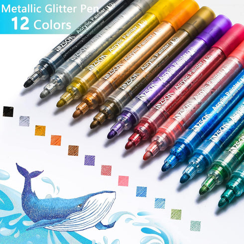 ZSCM 12 Colors Acrylic Glitter Markers Paint Pens, Rock Painting Pens Markers Metallic Art Marker for Kids Adults Card Making Painting Glass Ceram...