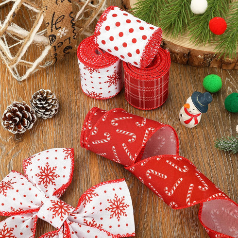 Whaline 36 Yards 6 Rolls Christmas Ribbon Red White Sripe Plaids Dot Wired Edge Ribbon Xmas Tree Candy Cane Snowflake Burlap Craft Ribbon for Xmas...
