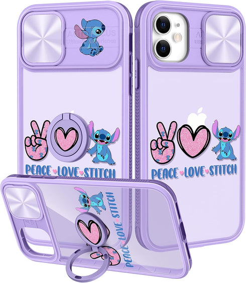 Joyleop (2in1 for iPhone 11 Case Cartoon Cute Love Stit for Girls Pretty Women Teen Kids Girly Phone Covers Purple Pattern Design with Slide Camer...