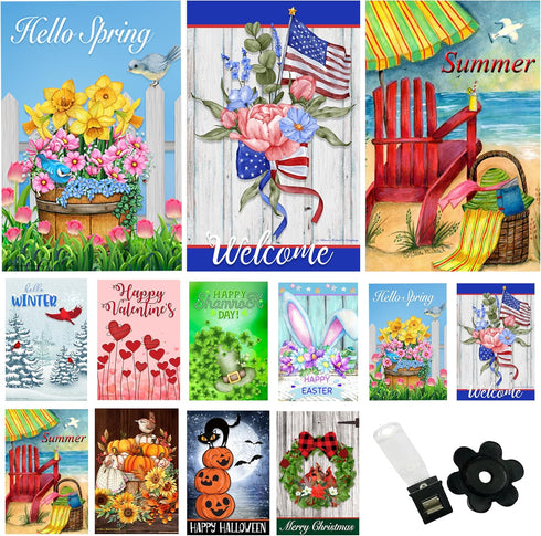 Seasonal Garden Flags 12x18 Double Sided Set of 10 Outside Yard Flags, Decorative Small Garden Flag with Anti-Wind Clip and Stopper, Garden Flags ...