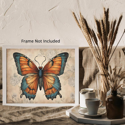 Posterizer 1 pcs- Orange and blue butterfly with small flowers-Art for Animal Lovers-Floral Botanical Art- Gift for Men Women -Decor for Bedroom, ...